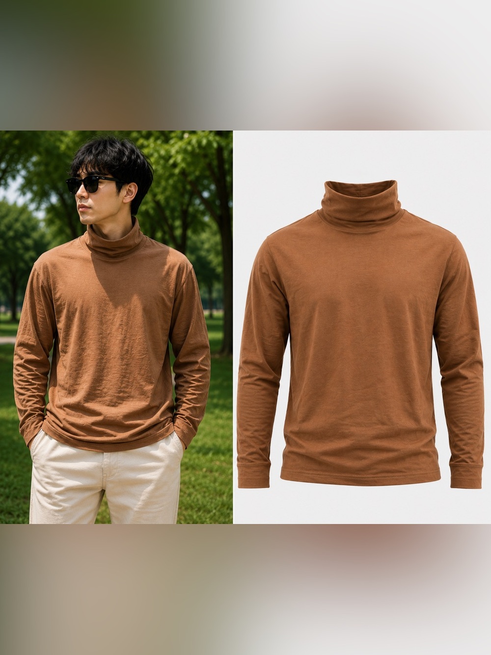 H&M Men’s Brown Turtleneck Long Sleeve Shirt – Casual Minimalist Fall Winter Top